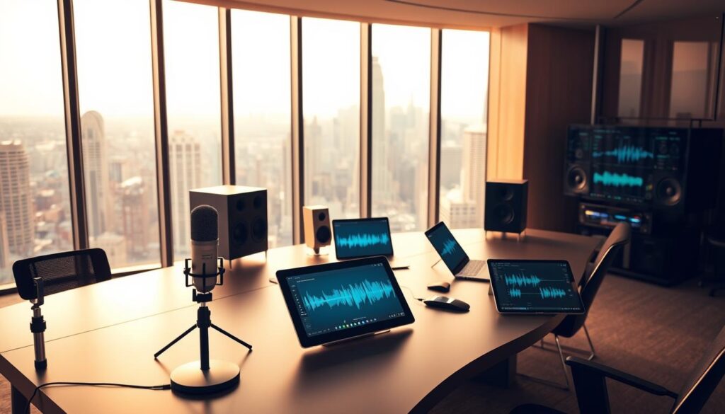 AI-generated audio applications A sleek, modern office setting with a large, curved desk showcasing various AI-powered audio applications. In the foreground, a professional-grade microphone and a touchscreen interface displaying sound waveforms and audio editing tools. In the middle ground, a trio of high-end speakers emit immersive, lifelike audio, while a laptop and tablet display visualizations of the sound processing. The background features floor-to-ceiling windows overlooking a bustling city skyline, bathed in warm, natural lighting that creates a sense of innovation and technological prowess. The overall atmosphere is one of creativity, productivity, and the seamless integration of AI-driven audio solutions into the modern workflow.