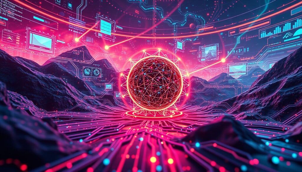 Advanced reasoning capabilities of o1-pro model An advanced AI neural network, the o1-pro model, sits at the center of a visually stunning, futuristic landscape. Intricate circuits and data streams flow around it, reflecting its powerful reasoning capabilities. The model is surrounded by holographic displays, visualizing complex algorithms and decision-making processes. Vibrant colors and dynamic lighting create an atmosphere of technological innovation and intellectual depth. The scene conveys the model's ability to tackle complex problems with speed, precision, and deep analytical insights, all while maintaining a sense of elegant, high-tech sophistication.