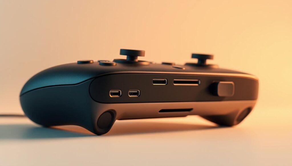 A meticulously rendered close-up view of the connectivity and setup features of the Xbox Adaptive Joystick. The foreground showcases the various ports and inputs, including USB, 3.5mm jacks, and specialized connectors, all precisely detailed. The middle ground highlights the intuitive control panel with clearly labeled buttons and knobs, allowing for customized configuration. The background features a clean, neutral environment with subtle highlights, emphasizing the joystick's sleek and modern design. The scene is illuminated by warm, directional lighting, creating a sense of depth and highlighting the joystick's tactile textures and materials. The overall composition conveys a sense of accessibility, ease of use, and the thoughtful integration of the joystick's various connectivity and setup options.