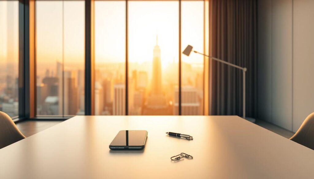 A modern, clean-lined interior with a large, smooth desk in the foreground. Atop the desk, a smartphone, a few paperclips, and a pen sit neatly arranged. The background features a floor-to-ceiling window overlooking a bustling city skyline, bathed in warm, golden natural light. A sleek, minimalist lamp casts a soft glow over the scene. The overall mood is one of efficiency, professionalism, and financial flexibility. High-quality, detailed rendering with a shallow depth of field, capturing the essence of "Flexible Financing Options" for the Pixel 9A smartphone.