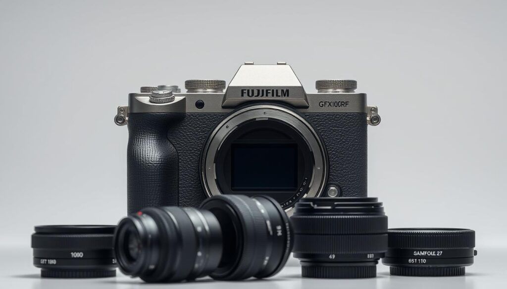 Fujifilm GFX100RF - A professional-grade Fujifilm GFX100RF camera, crafted with precision and advanced technology. The sleek, metallic body gleams under soft, diffused lighting, accentuating its robust, ergonomic design. The large, high-resolution sensor dominates the frame, hinting at the camera's impressive image-capturing capabilities. The interchangeable lenses, arranged in the foreground, suggest the versatility and creative potential of this powerful photographic tool. In the background, a blurred, minimalist setting creates a sense of focus and emphasis on the camera itself. The overall mood is one of sophistication, technical prowess, and the promise of exceptional image quality.
