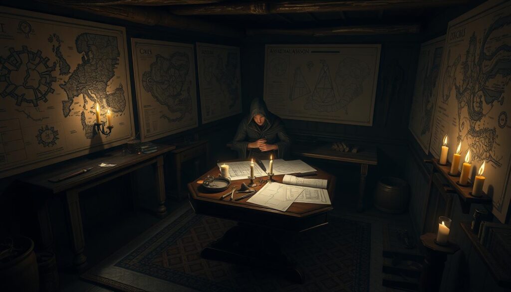 A dimly lit chamber, the walls adorned with intricate maps and tactical diagrams. In the center, a sturdy wooden table is covered with an array of tools and blueprints, illuminated by the flickering glow of candles. A lone Assassin, clad in a hooded robe, carefully examines the schematics, planning their next move. The room exudes an air of secrecy and purpose, with shadows cast by the dancing flames creating an atmosphere of mystery and focus. The scene conveys the Assassin's dedication to their craft, as they meticulously manage their hideout, orchestrating their covert operations with precision and skill.