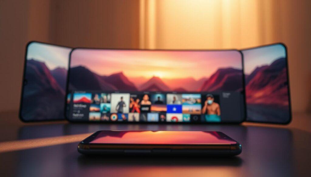A vast, immersive OLED display dominates the frame, showcasing the vibrant, lifelike visuals of the Galaxy S25. Subtle, soft lighting bathes the scene, creating a serene, captivating atmosphere. In the foreground, the phone's sleek, premium design takes center stage, its curved edges and seamless glass surfaces reflecting the ambient light. The middle ground features a carefully curated selection of multimedia content - high-resolution photos, crisp video, and vivid graphics - all rendered with stunning clarity and depth. The background fades into a blurred, ethereal landscape, emphasizing the display's expansive, cinematic quality. The overall composition conveys a sense of immersion, technological sophistication, and a captivating visual experience.