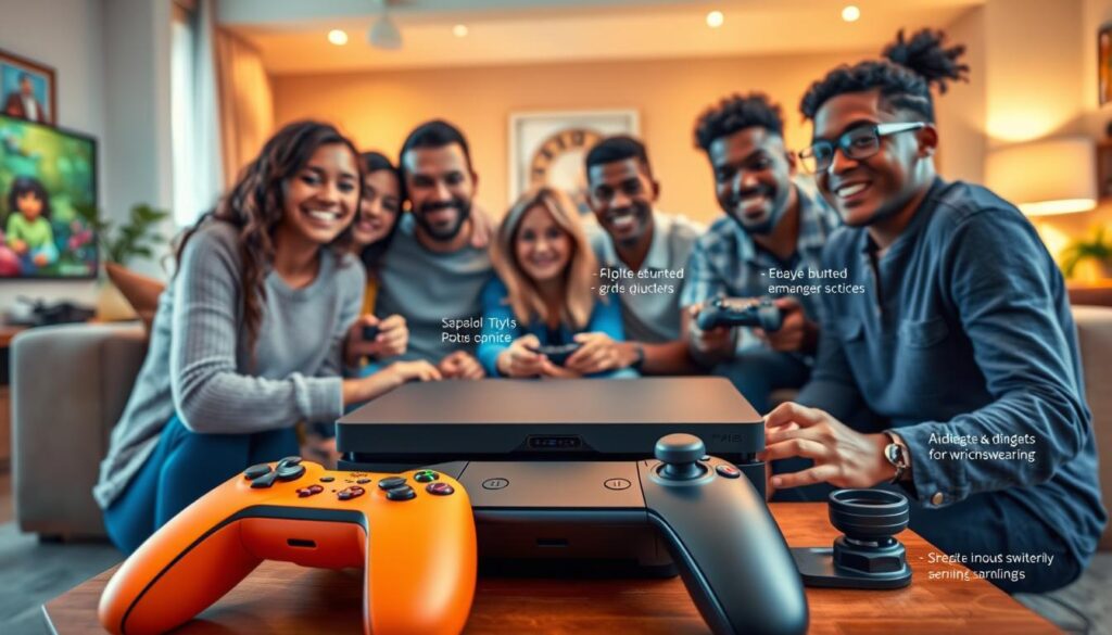 A vibrant, colorful scene showcasing inclusive design features for gamers. In the foreground, a diverse group of players of varying ages, abilities, and backgrounds gather around a sleek, customizable gaming console. Ergonomic controllers with adaptive buttons, joysticks, and accessibility options are prominently displayed, highlighting the system's commitment to inclusive gameplay. The midground features an array of assistive peripherals, such as specialized mounts, switches, and eye-tracking devices, seamlessly integrated into the gaming setup. The background depicts a warm, inviting living room with ample lighting, contrasting textures, and soothing tones, creating an accessible and comfortable environment for all. The overall atmosphere conveys a sense of empowerment, celebration, and a shared passion for gaming.