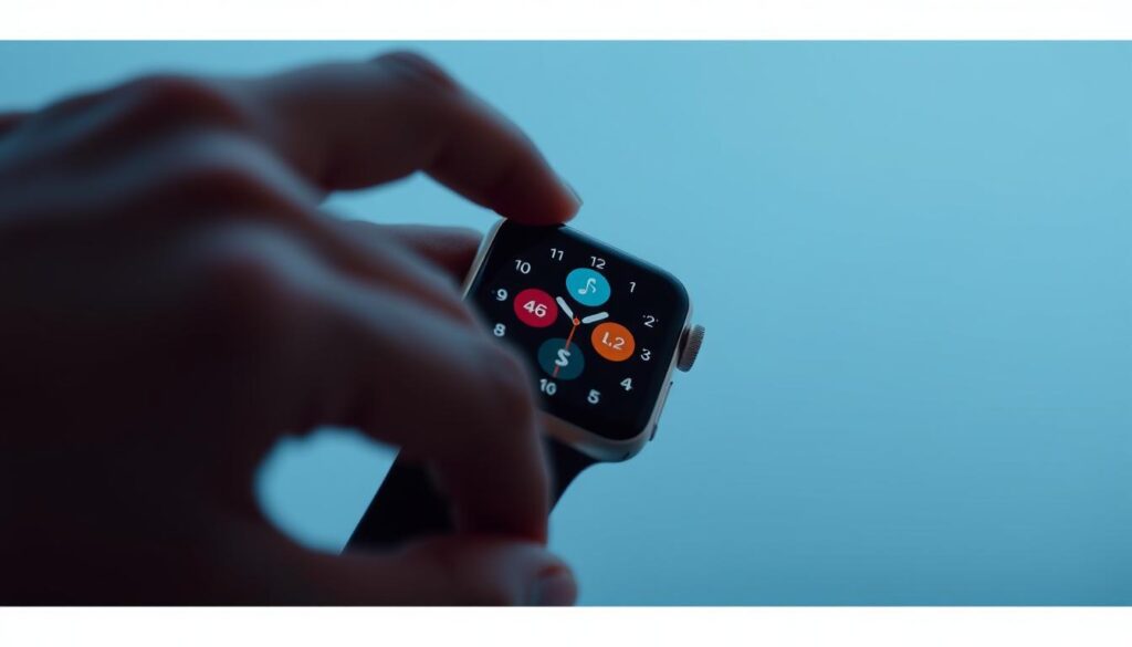  modern Apple Watch Series 10 display showcasing intuitive notifications and smart app features. The watch face illuminates with a soft, ambient glow, highlighting crisp, high-resolution icons and clean, minimal typography. In the foreground, a user's hand gracefully interacts with the touchscreen, navigating through a suite of intelligent apps that seamlessly blend form and function. The background subtly fades to a cool, soothing gradient, placing the focus entirely on the watch's innovative UI and user experience. Captured with a shallow depth of field, dramatic lighting, and a dynamic camera angle to convey a sense of sophistication and technological advancement.