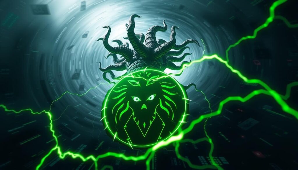 Medusa, the serpentine-haired gorgon, emerges from a swirling vortex of cyber threats. Sinister green energy crackles around her, hinting at the malicious nature of the Medusa ransomware. In the foreground, jagged, glowing lines form the Medusa insignia, a haunting symbol of the malware's presence. The middle ground depicts a digital landscape of corrupted files and encrypted data, while the background fades into an ominous, shadowy realm, reflecting the pervasive nature of this cybersecurity threat. Dramatic lighting casts sharp contrasts, emphasizing the gravity of the Medusa ransomware and the need for vigilance. Captured with a wide-angle lens, the scene conveys a sense of foreboding and the urgency to address this emerging cybersecurity challenge.