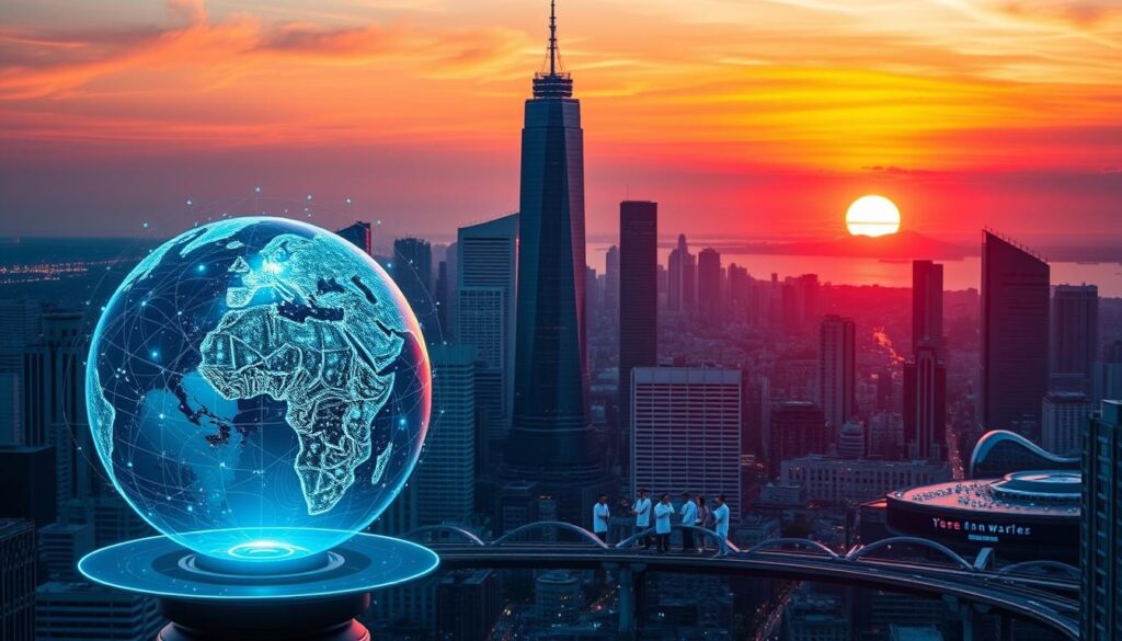 A towering city skyline set against a vibrant sunset, with Niantic's cutting-edge geospatial AI innovations taking center stage. In the foreground, a holographic globe spins, showcasing intricate data visualizations and AI-powered mapping technologies. In the midground, a team of researchers huddles around a sleek, futuristic workstation, analyzing complex geospatial algorithms. The background features a bustling cityscape, with skyscrapers and transportation networks seamlessly integrated into the urban landscape, all powered by Niantic's innovative spatial computing solutions.