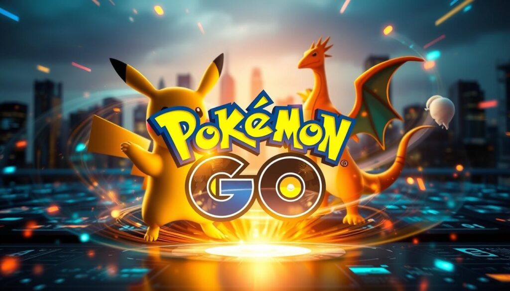 Pokémon Go acquisition - A dynamic scene of the Pokémon Go logo surrounded by swirling data streams and holographic Pokémon figures. In the foreground, the iconic Pikachu and Charizard emerge from a digital vortex, casting vibrant hues across the frame. The midground features a sleek, futuristic interface with data visualizations and analytics, hinting at the acquisition's technological implications. In the background, a cityscape backdrop blurs into the distance, symbolizing the game's global impact. The lighting is cinematic, with dramatic shadows and highlights emphasizing the sense of movement and change. The overall composition conveys a mood of excitement, innovation, and the continued evolution of the beloved Pokémon franchise.