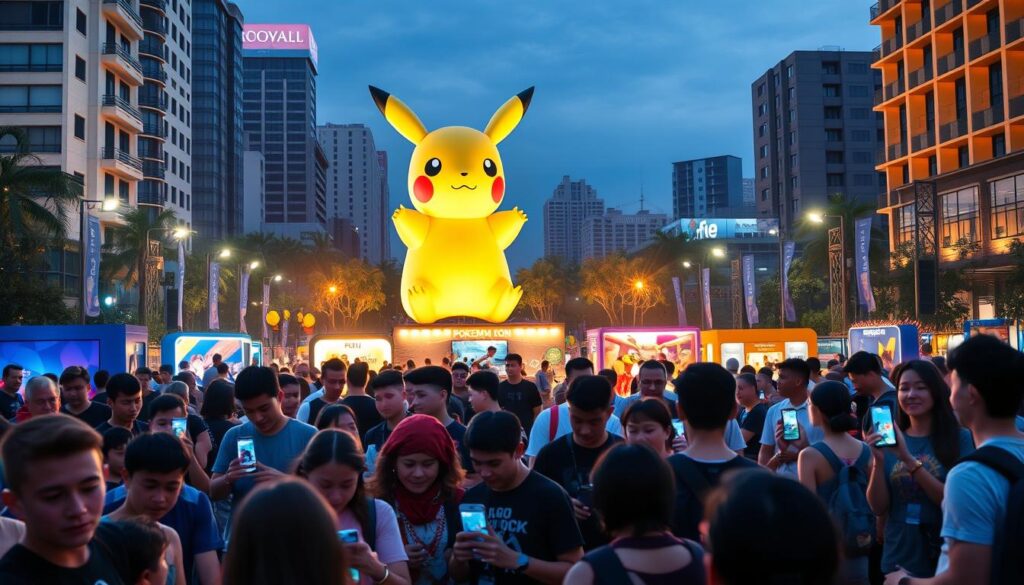 A bustling Pokémon Go community event, set against a vibrant urban backdrop. In the foreground, players of all ages gather enthusiastically, their faces aglow with excitement as they engage with the game on their smartphones. The middle ground features various interactive stations, where trainers can participate in lively battles, trade Pokémon, and collect rare items. In the background, a towering Pikachu statue stands as a centerpiece, casting a warm, inviting glow over the scene. The event is illuminated by a blend of natural and artificial lighting, creating a dynamic, energetic atmosphere that captures the essence of Pokémon Go's community-driven experience.