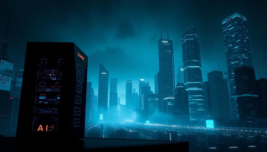 A dark, futuristic cityscape illuminated by the eerie glow of holographic displays. In the foreground, a sleek, angular AI server rack stands as a symbol of technological advancement, its blinking lights hinting at the complex algorithms running within. The middle ground is shrouded in a haze of digital interference, representing the security vulnerabilities that lurk beneath the surface. In the background, towering skyscrapers with digital camouflage facades suggest the constant threat of cyber attacks. The scene conveys a sense of unease and the urgent need to address the security challenges posed by the rapid advancement of AI technology.