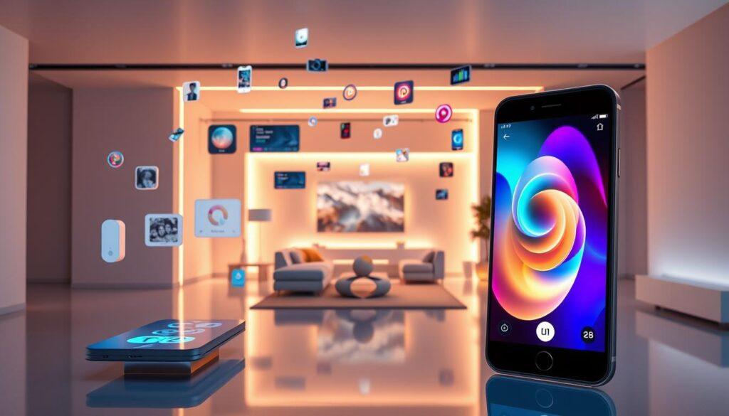 An array of futuristic devices float in a sleek, minimalist environment, their screens illuminating the space with vivid, holographic displays. The foreground showcases a seamlessly integrated smartphone, its edge-to-edge display vibrant and responsive, surrounded by a constellation of interconnected smart home controls, virtual assistants, and wearable tech. In the middle ground, a panoramic view of a connected living space unfolds, with smooth, gestureDriven interfaces controlling lighting, climate, and entertainment systems. The background is bathed in a warm, ethereal glow, creating a sense of harmony and technological advancement, reflecting the "Smart Features for a Connected Lifestyle" theme.
