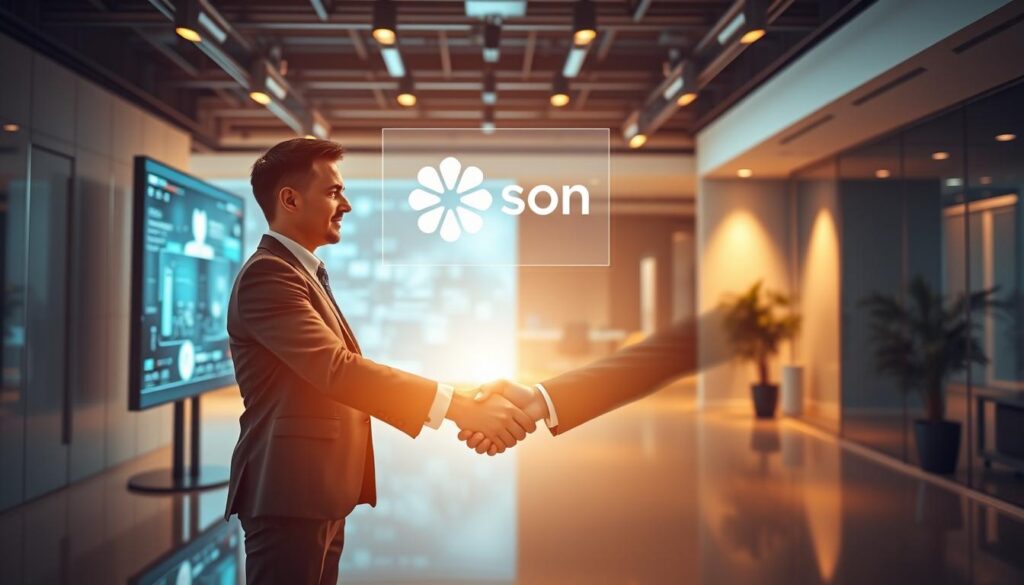 A sleek, modern business setting showcasing a collaborative partnership between two prominent tech companies. In the foreground, two executives - one from each company - shake hands against a backdrop of futuristic holographic displays and interactive touchscreens. The middle ground features their respective company logos hovering above the handshake, symbolizing the fusion of their brands. The background is filled with a clean, minimalist office space illuminated by warm, directional lighting that casts dramatic shadows, creating a sense of depth and professionalism. The overall atmosphere conveys a spirit of innovation, progress, and the shared vision driving this strategic alliance.