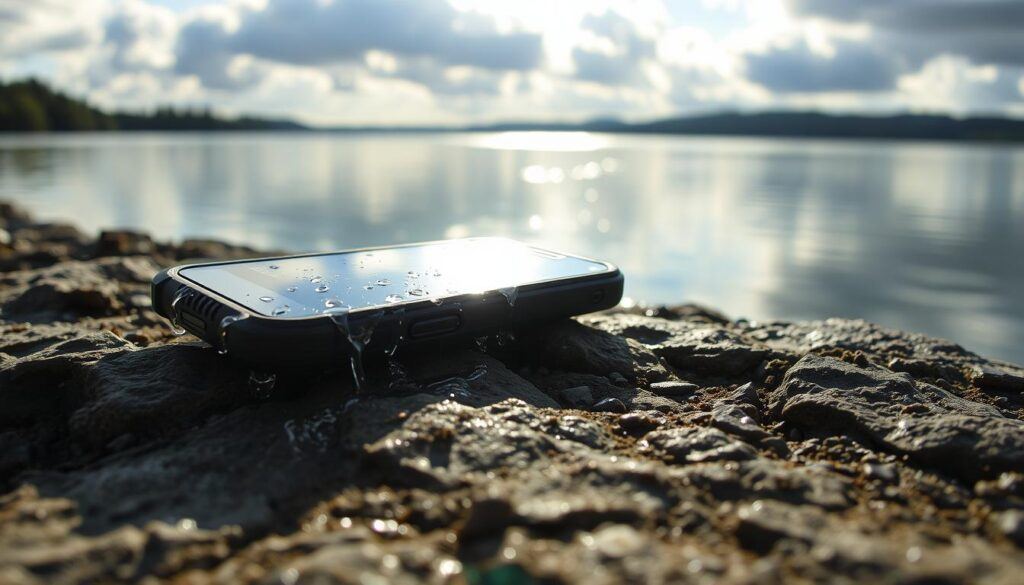A rugged smartphone resting on a rocky surface, its water-resistant body shimmering under bright sunlight. Droplets of water cascade down its durable exterior, highlighting its resistance to the elements. In the background, a serene lake reflects the cloudy sky, creating a tranquil atmosphere. The composition emphasizes the phone's ability to withstand the rigors of everyday life, capturing the essence of the "Water Resistance and Durability That Stand Up to Life" section.