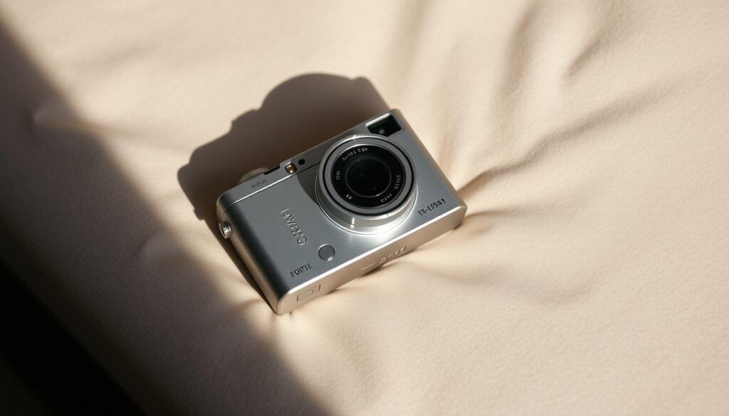 A compact, medium format camera rests on a soft, textured surface. The camera body is sleek and minimalist, with a premium metallic finish that catches the light. The lens protrudes slightly, suggesting a high-quality optic capable of capturing stunning detail. The scene is bathed in soft, natural light that casts gentle shadows, creating a sense of depth and dimensionality. The overall composition emphasizes the camera's compact size and portability, hinting at the handheld, mobile experience it provides. The mood is one of understated elegance and precision, inviting the viewer to imagine the camera's capabilities in the hands of a skilled photographer.