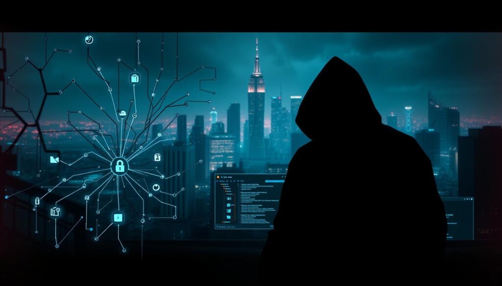 A dark, ominous cyberpunk scene depicting various ransomware attack methods. In the foreground, a shadowy figure manipulates a complex network of digital nodes and connections, representing the intricate workings of a ransomware payload. In the middle ground, a series of system icons and UI elements flicker and glitch, suggesting the infiltration and encryption of critical files. In the background, a city skyline is bathed in an eerie, neon-tinged glow, conveying the sense of a widespread, large-scale attack. The scene is lit by a harsh, directional light source, casting dramatic shadows and emphasizing the sinister nature of the ransomware threat. The overall atmosphere is one of tension, danger, and the unseen machinations of a highly sophisticated cyber threat.